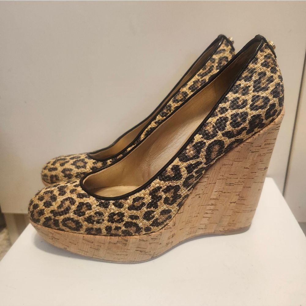 Stuart Weitzman Blk/TanLeopard Print Raffia Platform Wedge Pumps Sz.10 $395 EUC